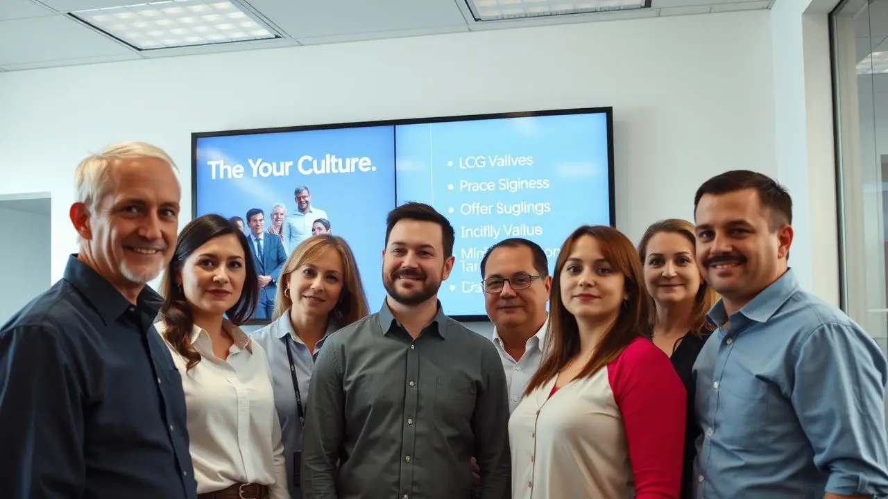 A group of office employees interacting with digital signage displaying company values.