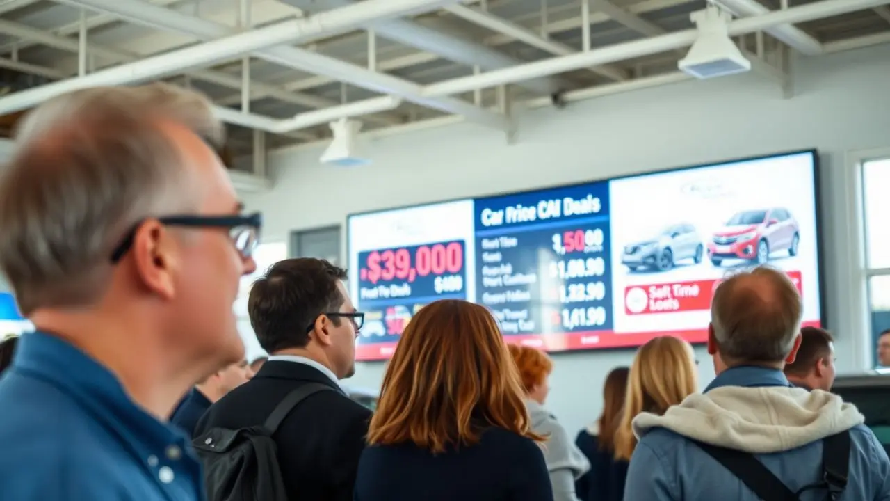 People at a car dealership showroom looking at digital advertising screen. People at a car dealership showroom looking at digital advertising screen.