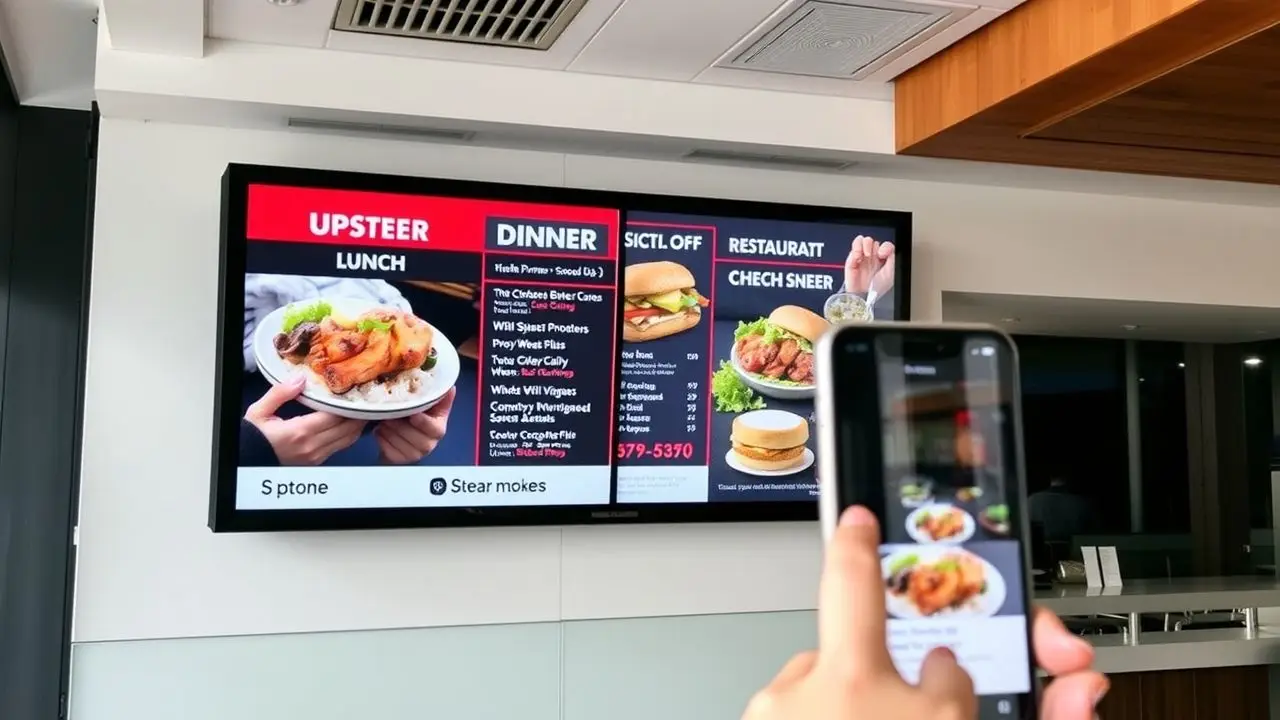 A digital signage display in a modern restaurant showcasing updated menu.