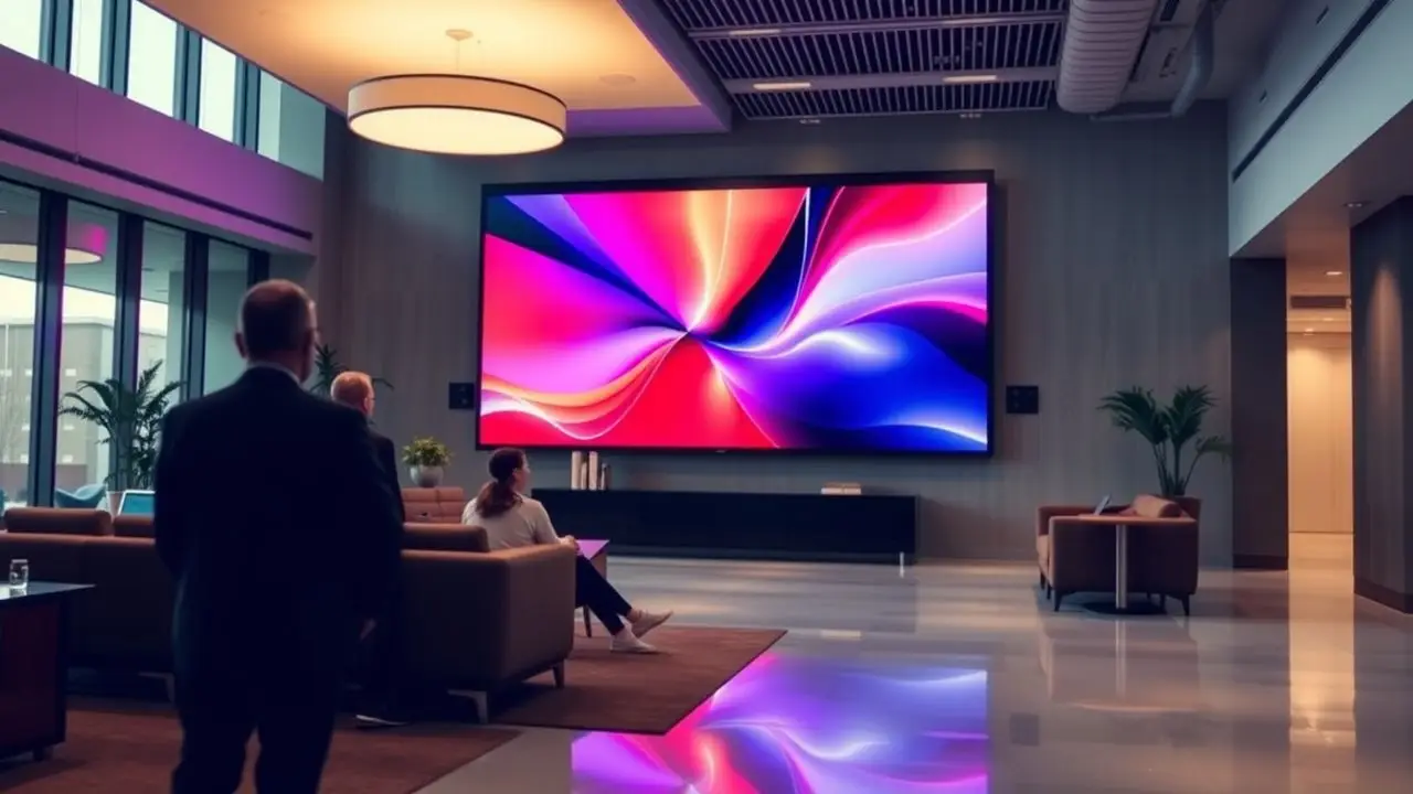 An office lobby with a large digital screen and modern design. An office lobby with a large digital screen and modern design.