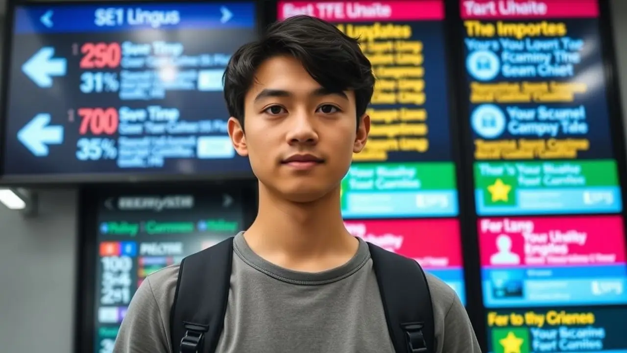 A college student standing in front of a digital campus signage. A college student standing in front of a digital campus signage.
