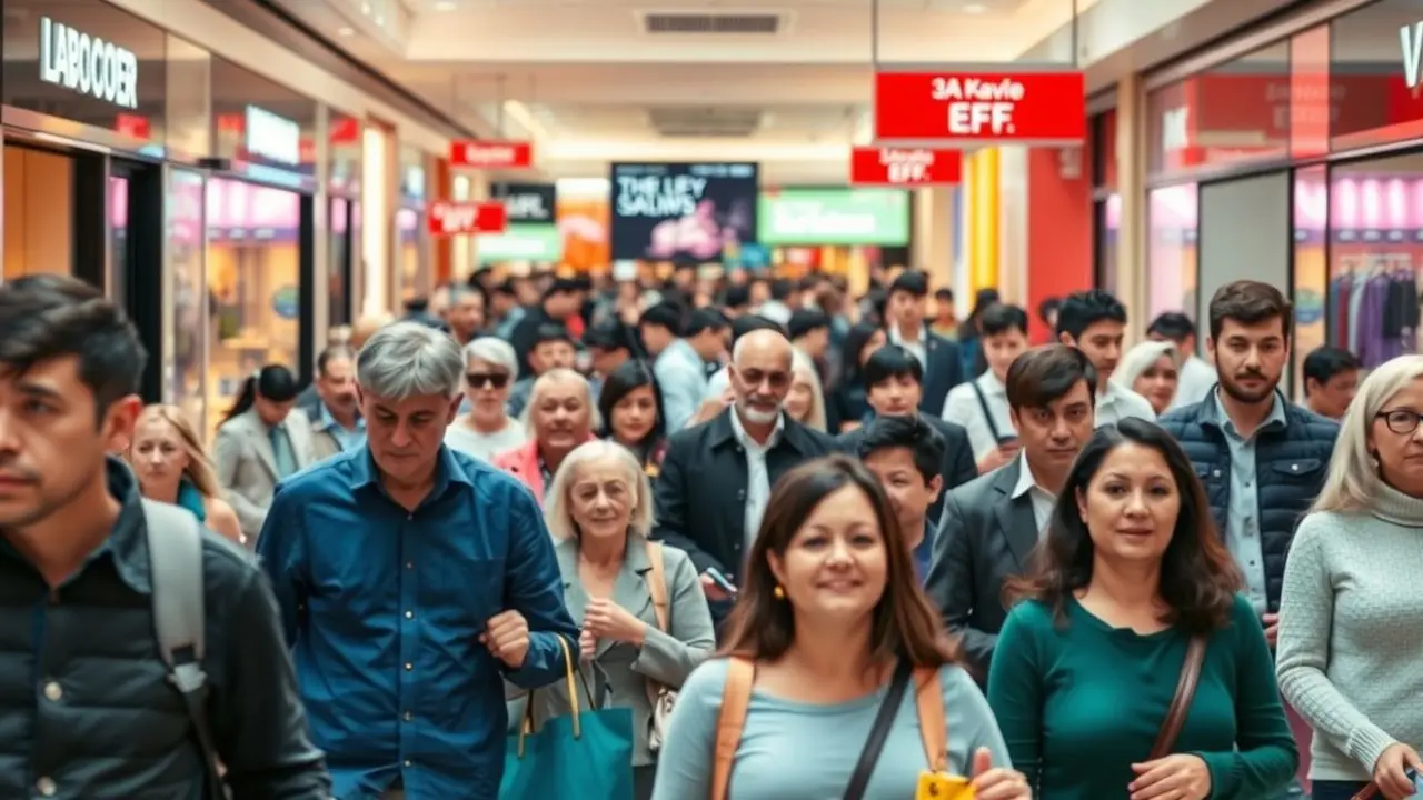 A diverse group of shoppers enjoying a busy mall atmosphere. A diverse group of shoppers enjoying a busy mall atmosphere.