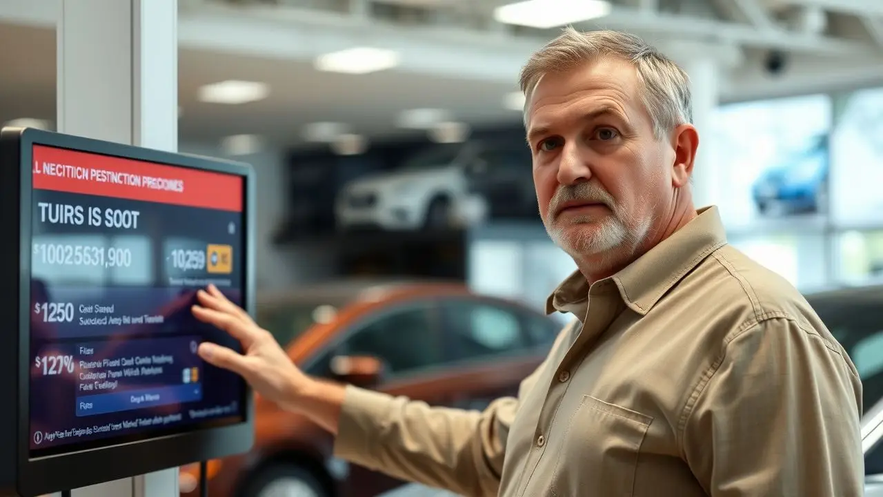 A man in his 40s browsing digital vehicle displays at a dealership.