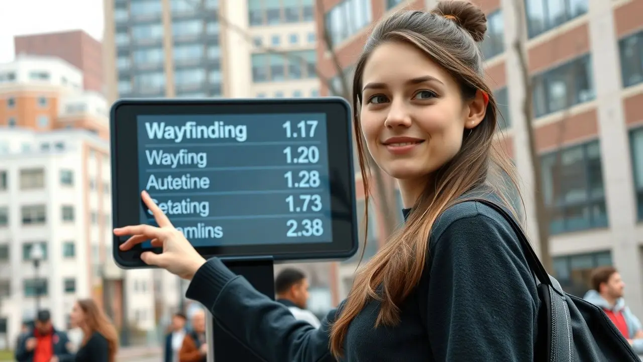 A college student confidently using a digital wayfinding sign on campus. A college student confidently using a digital wayfinding sign on campus.
