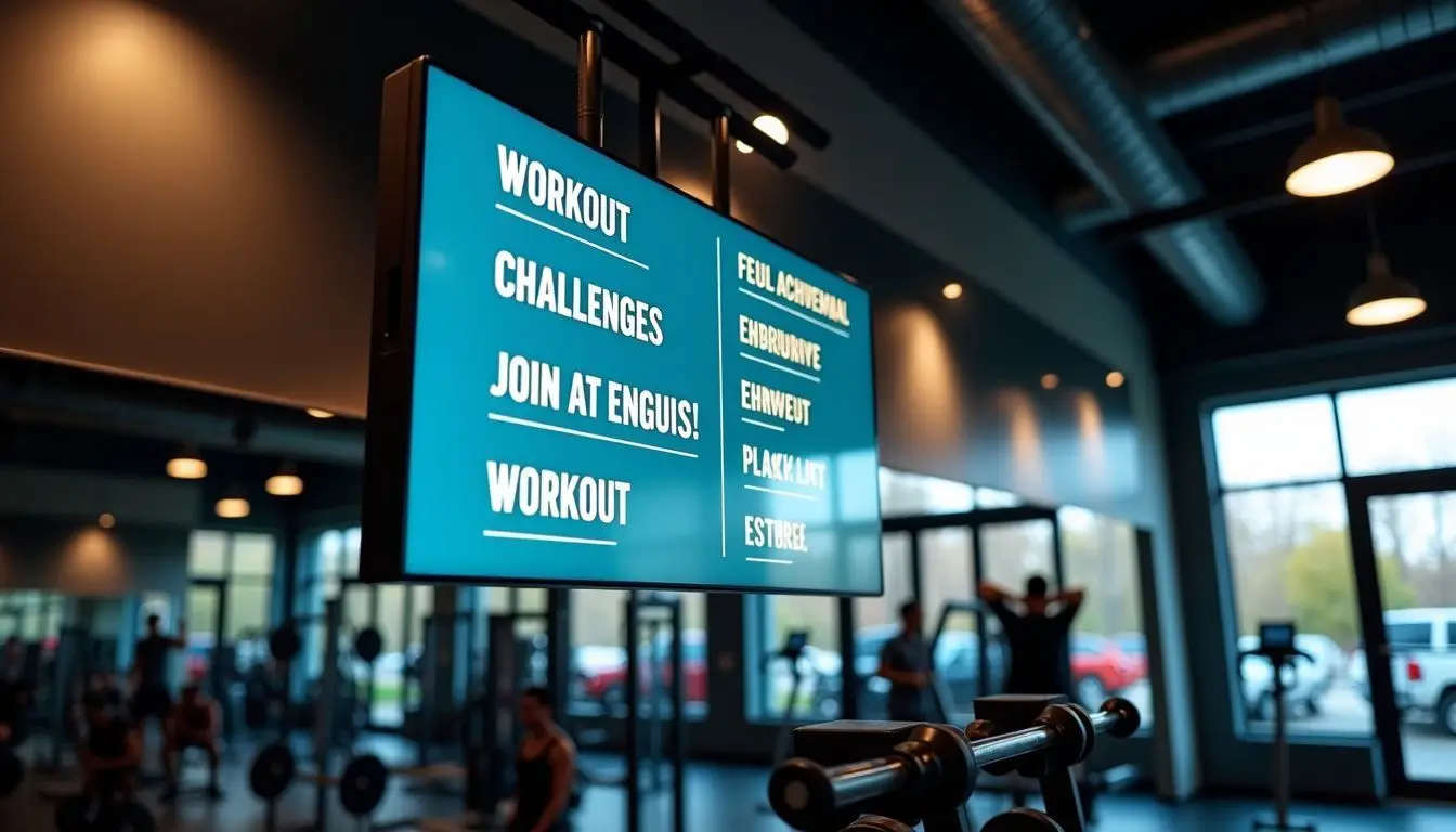 A digital sign in a modern gym displaying workout challenges and motivational messages. A digital sign in a modern gym displaying workout challenges and motivational messages.