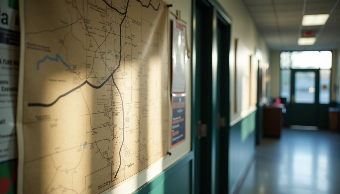 An old map and outdated event flyers on a university hallway wall. An old map and outdated event flyers on a university hallway wall.