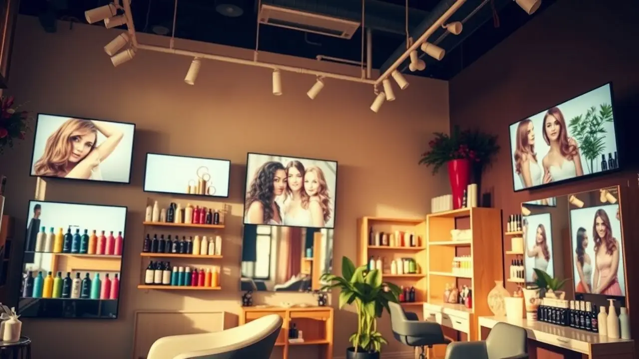 A cozy salon with colorful hair products displayed on digital screens. A cozy salon with colorful hair products displayed on digital screens.