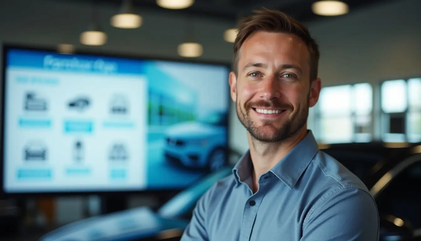 A man standing in front of a digital display at a car dealership. A man standing in front of a digital display at a car dealership.