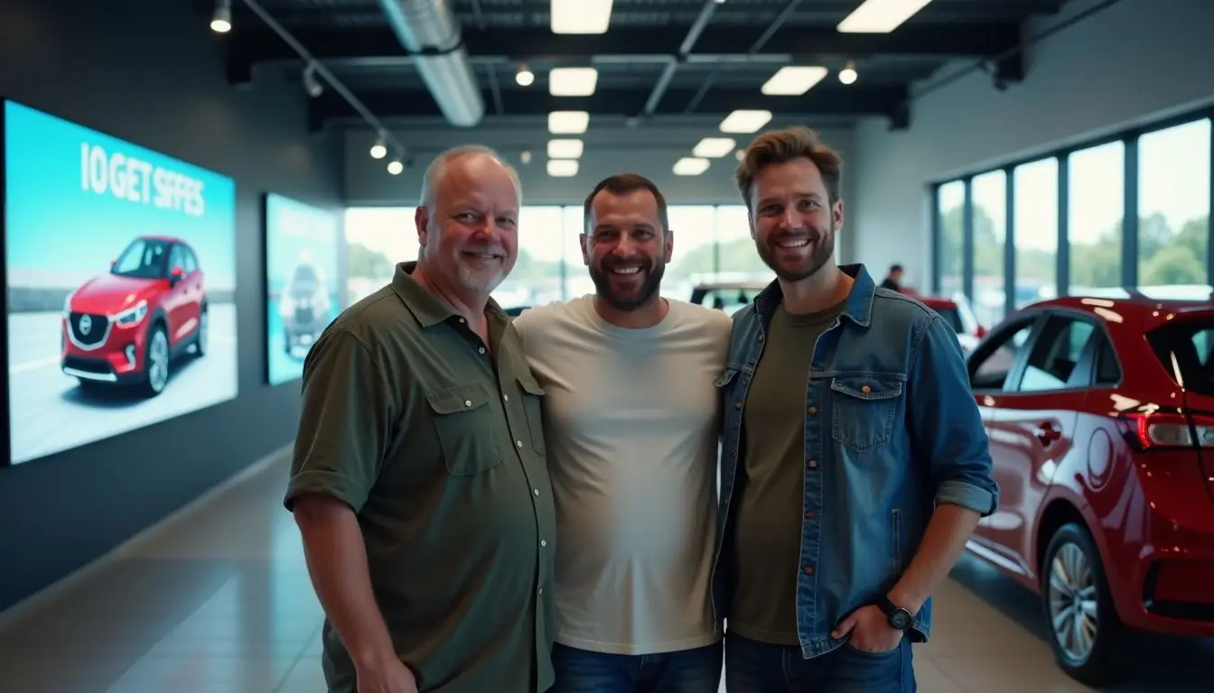 Happy customers at a car dealership showroom with new car models.