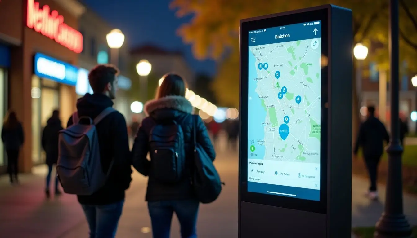 An interactive map on a college campus near a busy intersection. An interactive map on a college campus near a busy intersection.