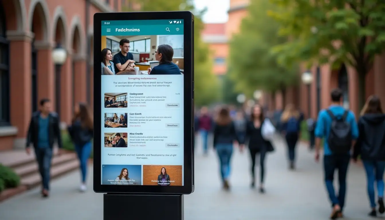 A digital signage board in a university displaying news, events, and menu updates. A digital signage board in a university displaying news, events, and menu updates.