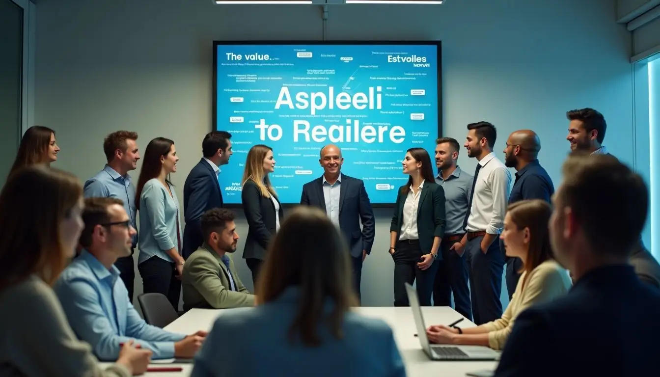 Diverse group of employees engaged around company values display. Diverse group of employees engaged around company values display.