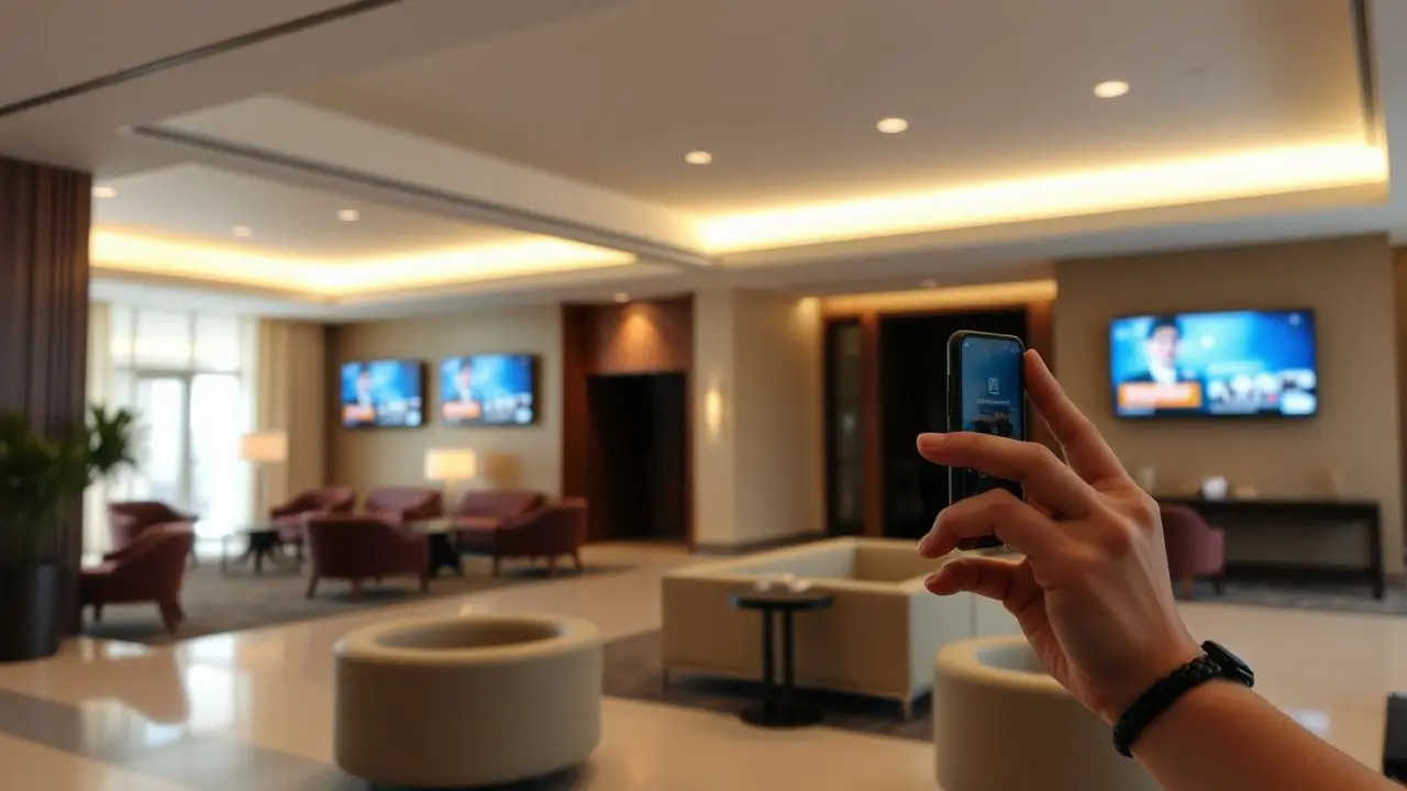 A modern hotel lobby with sleek digital signage and furnishings. A modern hotel lobby with sleek digital signage and furnishings.