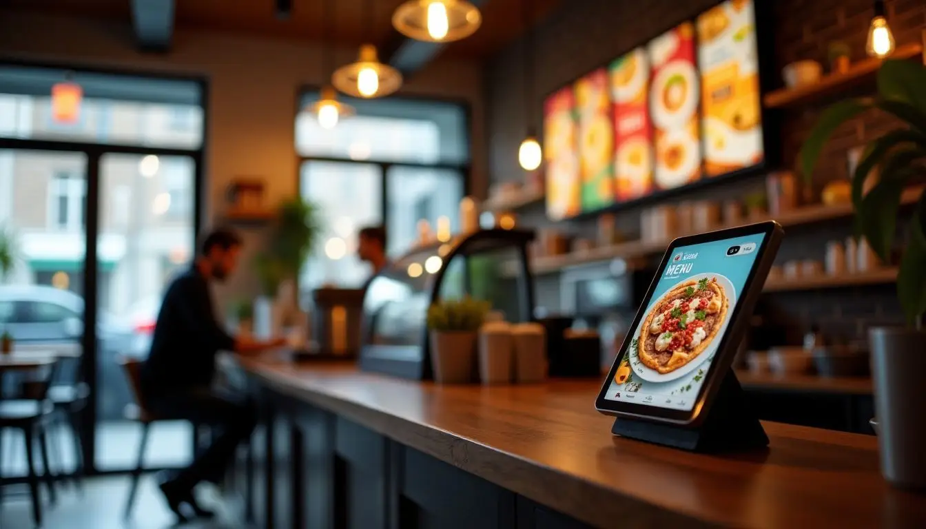 A cozy café with modern digital signage displaying colorful menu items.