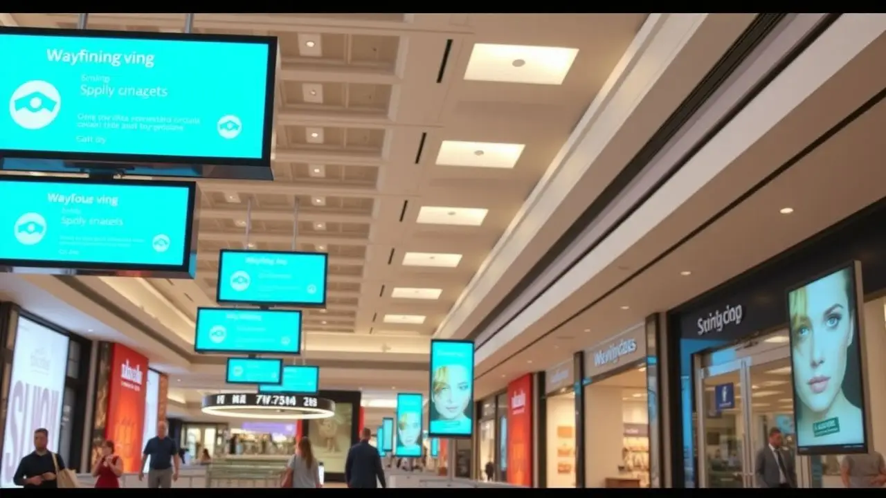The image shows digital wayfinding screens in a shopping mall. The image shows digital wayfinding screens in a shopping mall.