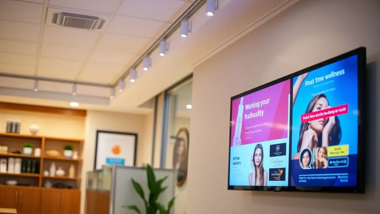 A digital signage display in a modern beauty and wellness center. A digital signage display in a modern beauty and wellness center.