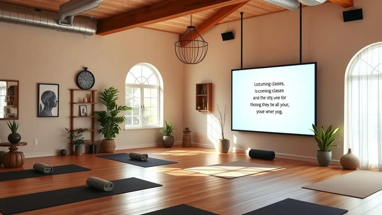 A welcoming yoga studio with calming decor and upcoming class schedule. A welcoming yoga studio with calming decor and upcoming class schedule.