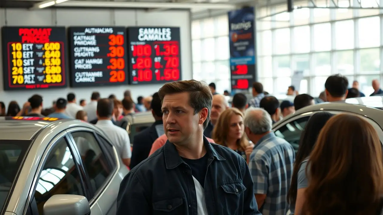 A crowded car dealership showroom with people browsing and talking to salesperson. A crowded car dealership showroom with people browsing and talking to salesperson.