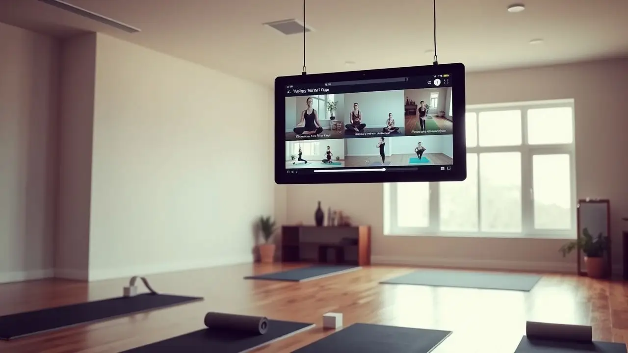 A yoga studio with instructional videos of yoga poses on screen. A yoga studio with instructional videos of yoga poses on screen.