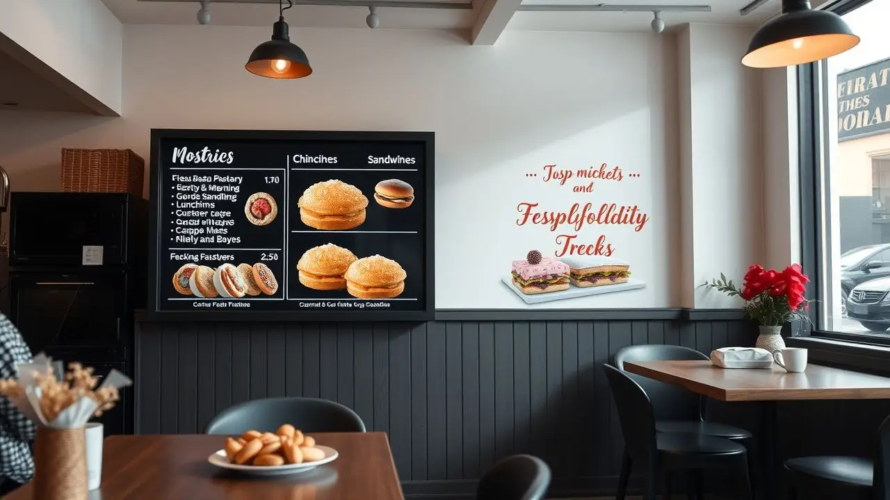 A modern café with digital menu board and cozy atmosphere.