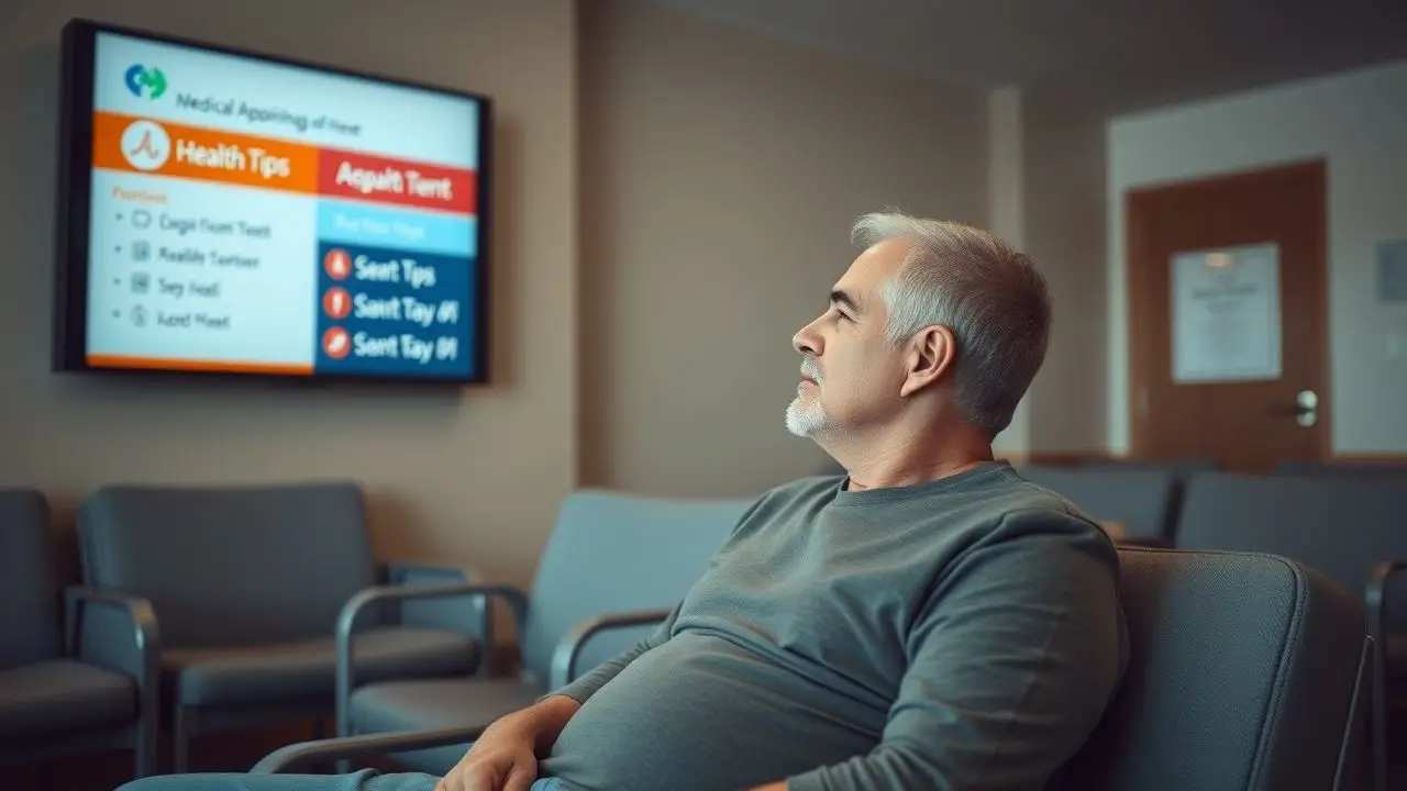 A patient sits in a medical waiting room, looking at a digital health tips sign. A patient sits in a medical waiting room, looking at a digital health tips sign.