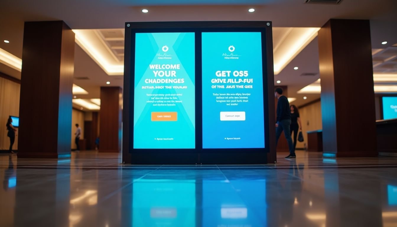 A hotel lobby with digital screens displaying welcome messages and promotional offers. A hotel lobby with digital screens displaying welcome messages and promotional offers.