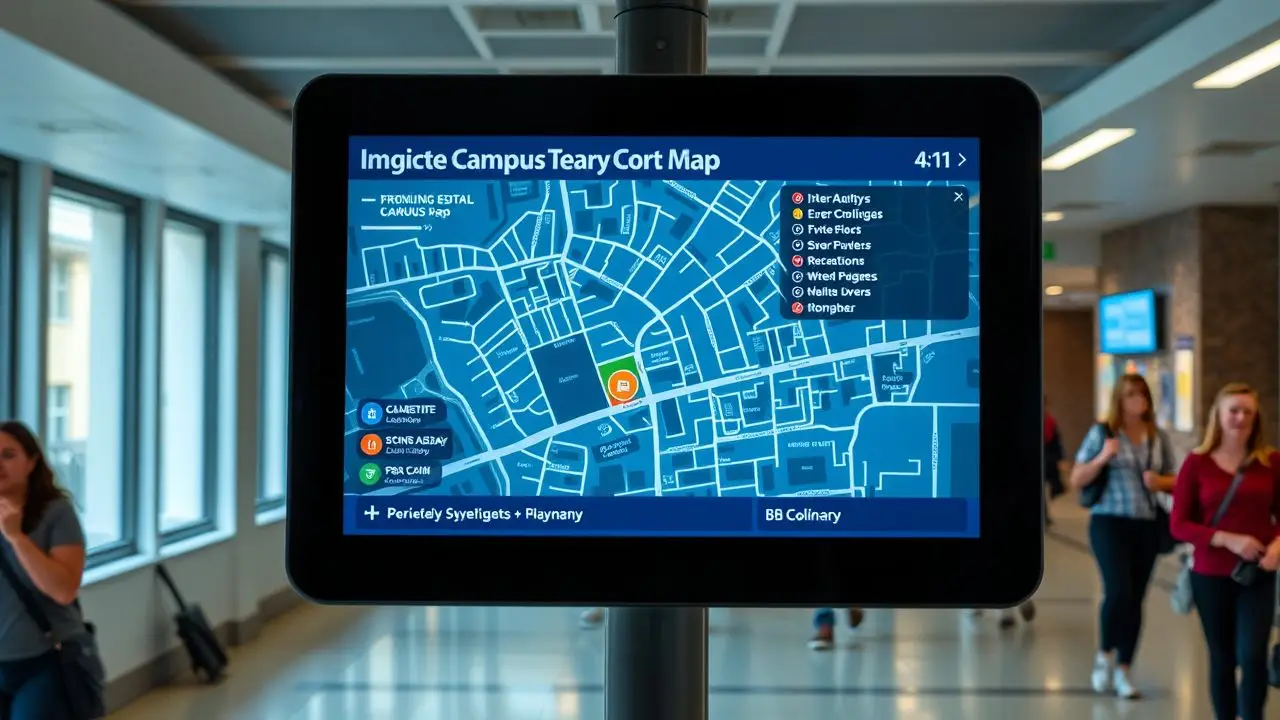 A digital wayfinding sign in a university hallway displays an interactive campus map. A digital wayfinding sign in a university hallway displays an interactive campus map.