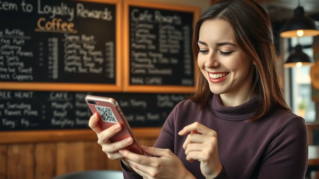 A woman in her 30s redeeming points for a free coffee.