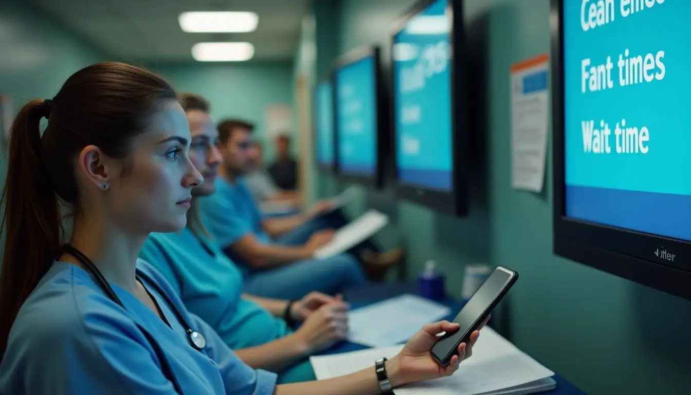 A woman in her 30s sitting in a busy emergency room. A woman in her 30s sitting in a busy emergency room.