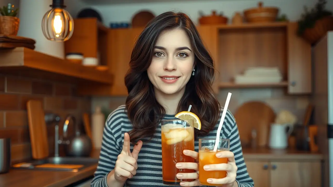 The image shows a woman demonstrating a DIY recipe in a cozy kitchen.