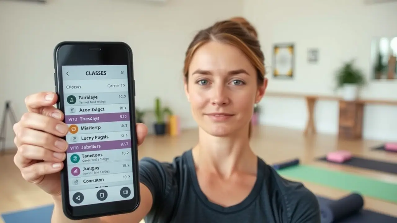 A yoga instructor updating class schedule in a peaceful studio. A yoga instructor updating class schedule in a peaceful studio.