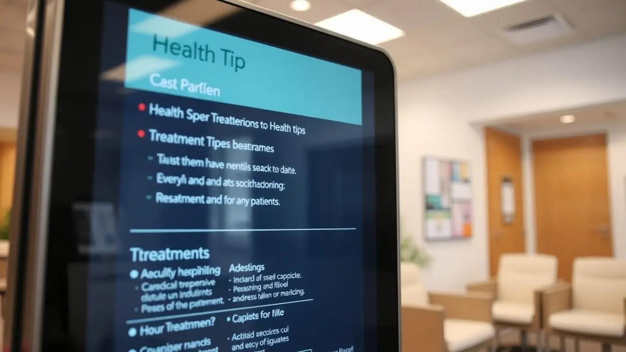 A digital sign in a modern medical office waiting room displays health tips. A digital sign in a modern medical office waiting room displays health tips.