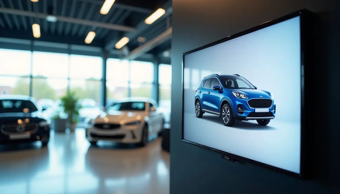 A digital sign in a modern car dealership showcasing new car models and promotions. A digital sign in a modern car dealership showcasing new car models and promotions.