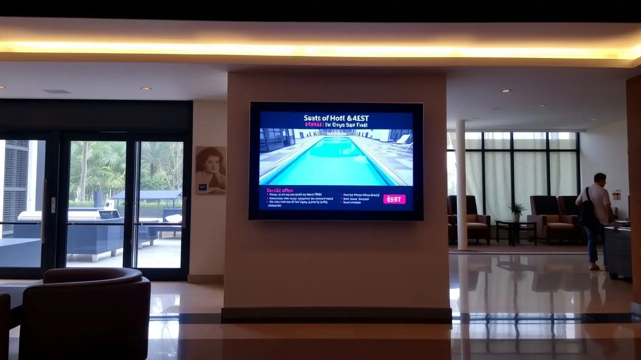 Hotel lobby with digital sign promoting pool and spa offers. Hotel lobby with digital sign promoting pool and spa offers.