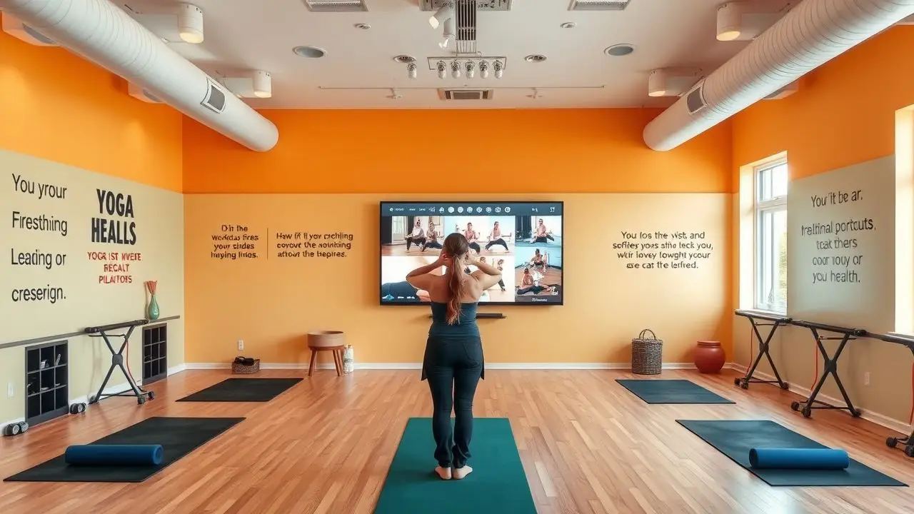 A colorful yoga and Pilates studio with workout guides and motivational messages. A colorful yoga and Pilates studio with workout guides and motivational messages.