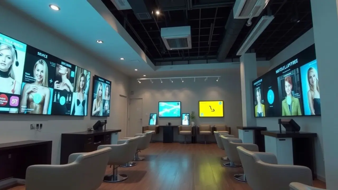 A modern salon and spa with interactive touch screens and games.
