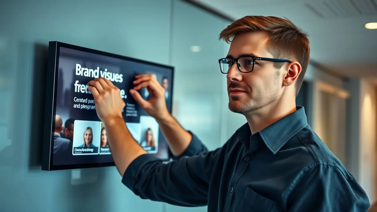 A man adjusting digital signage in an office for brand identity. A man adjusting digital signage in an office for brand identity.