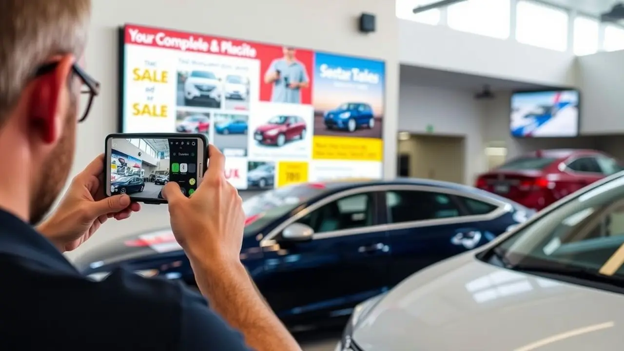 A digital signage display in a car dealership showroom featuring promotions and vehicles. A digital signage display in a car dealership showroom featuring promotions and vehicles.