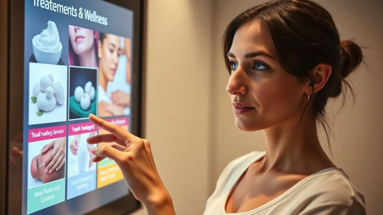 A woman browsing services at a modern beauty and wellness center. A woman browsing services at a modern beauty and wellness center.