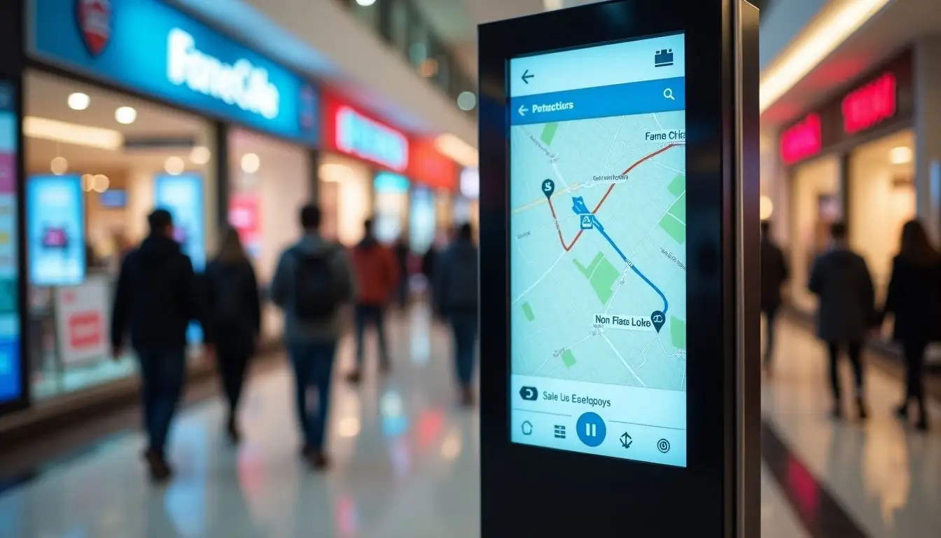A digital directory in a busy mall with interactive maps and advertising displays. A digital directory in a busy mall with interactive maps and advertising displays.