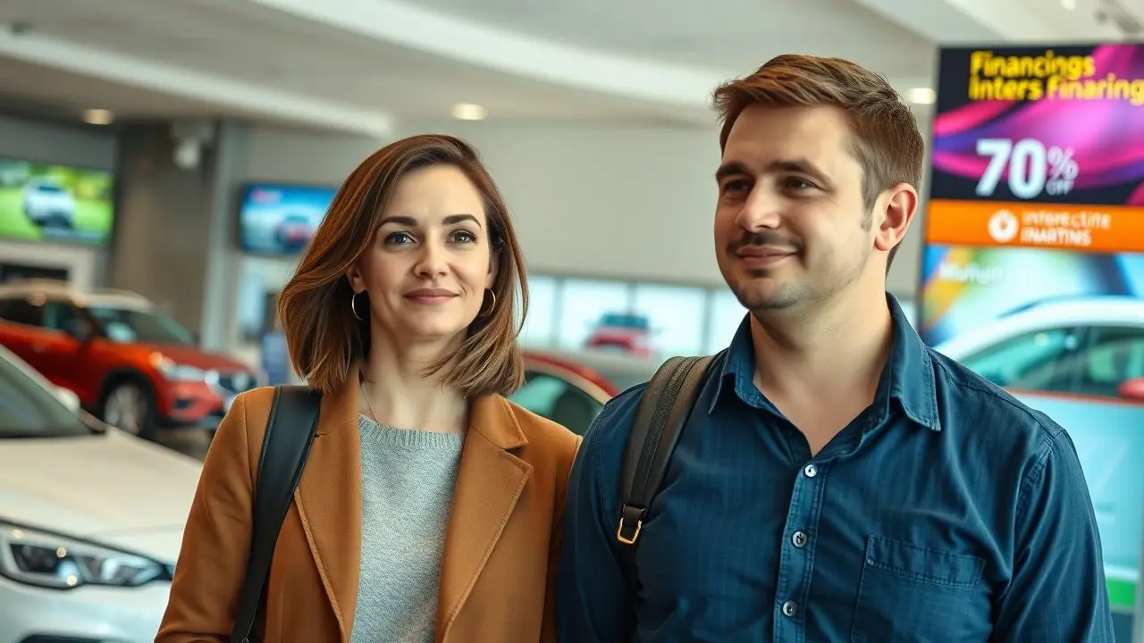 A couple explores a car dealership showroom with new car displays.
