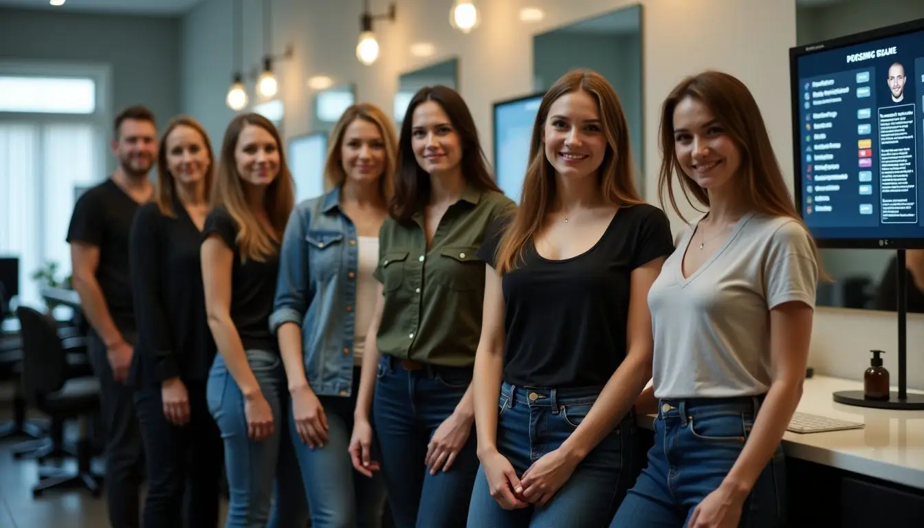 A group of salon employees stand confidently next to their workstations. A group of salon employees stand confidently next to their workstations.