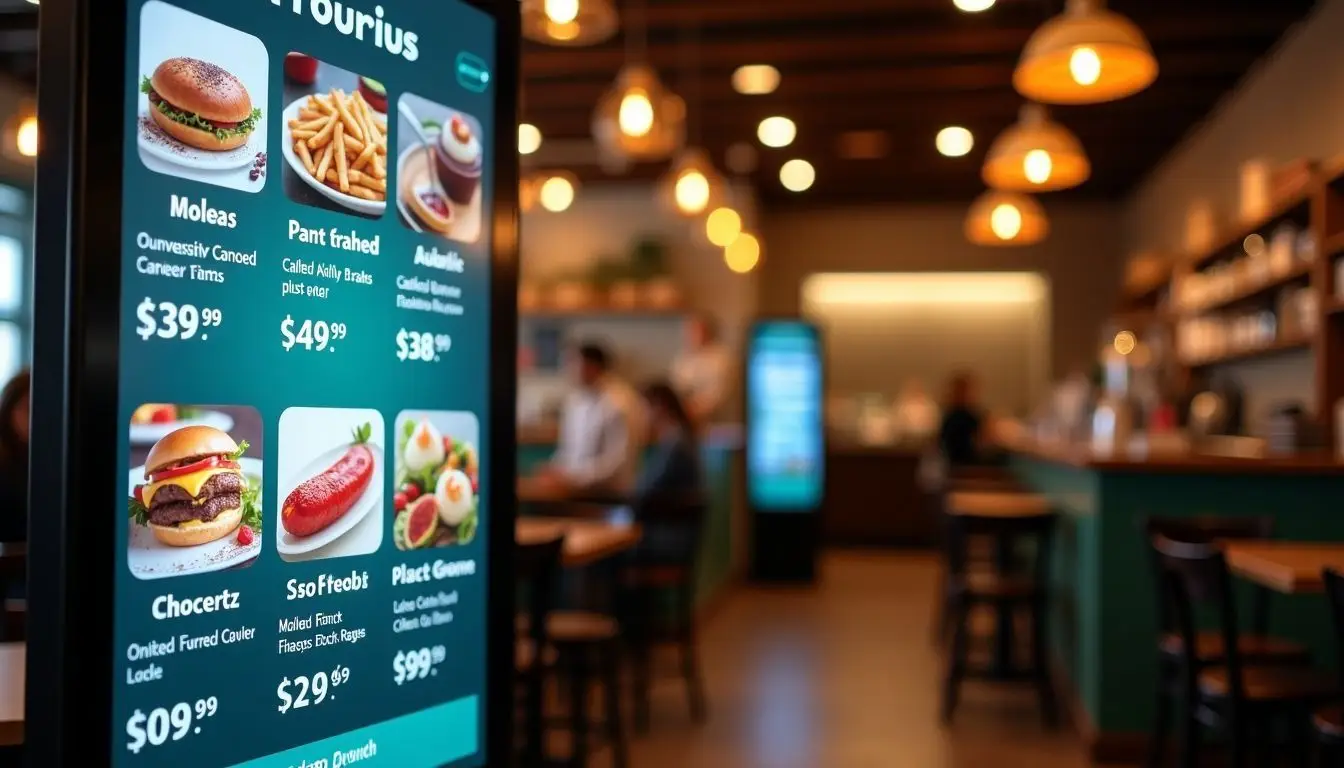 A digital sign in a cozy café displays colorful menu items.