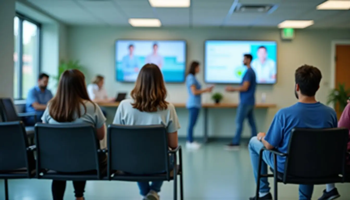 A hospital waiting room with digital signage and patients using screens. A hospital waiting room with digital signage and patients using screens.