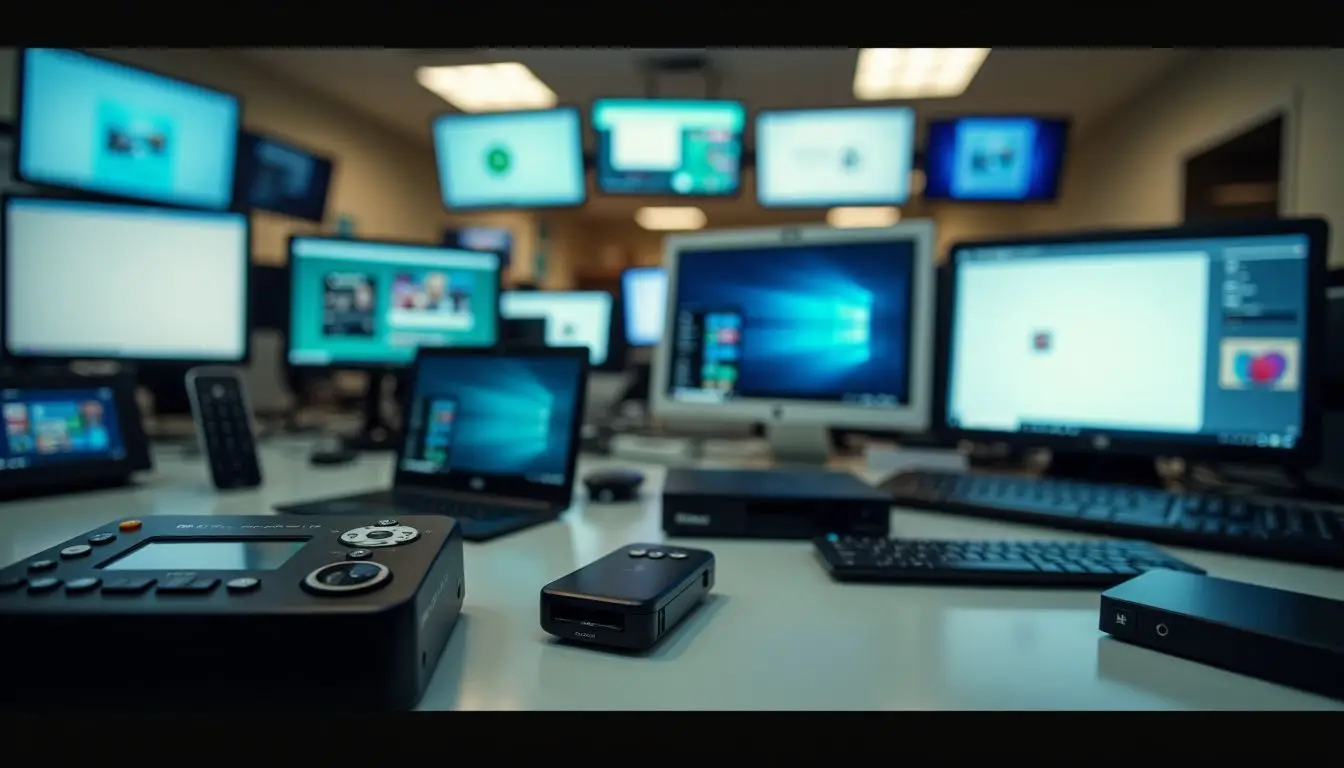 A cluttered office space with various digital screens and media players. A cluttered office space with various digital screens and media players.
