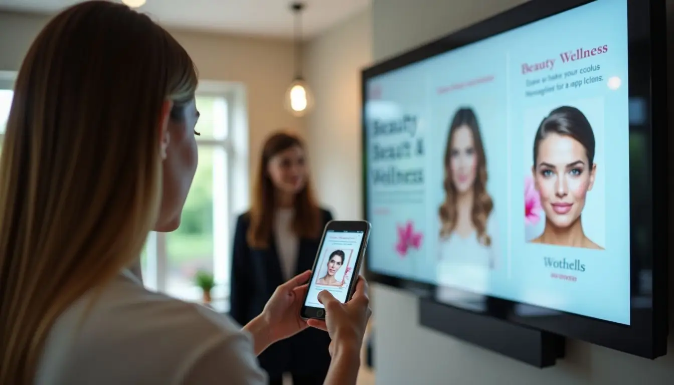 A modern salon with personalized digital signage and soothing atmosphere. A modern salon with personalized digital signage and soothing atmosphere.