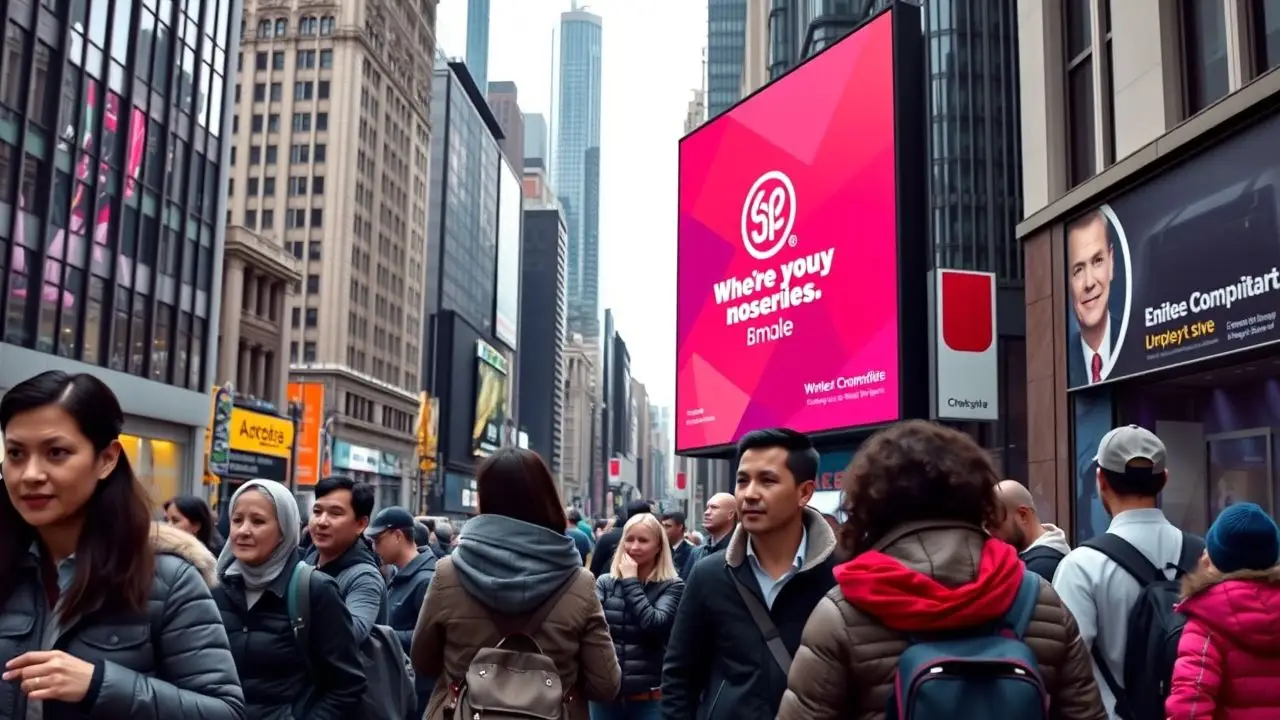 A busy city street with a large digital billboard and diverse pedestrians. A busy city street with a large digital billboard and diverse pedestrians.