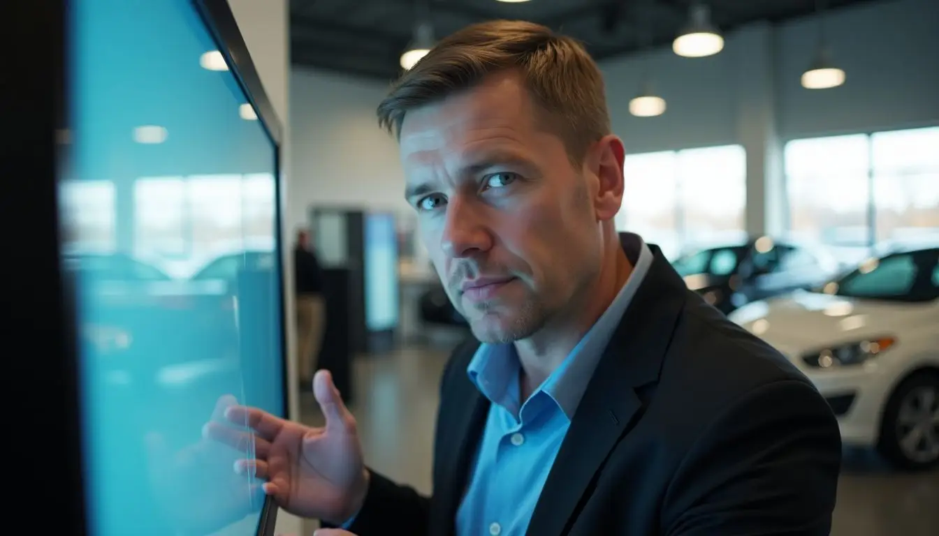 A man setting up digital signage equipment in a car dealership.