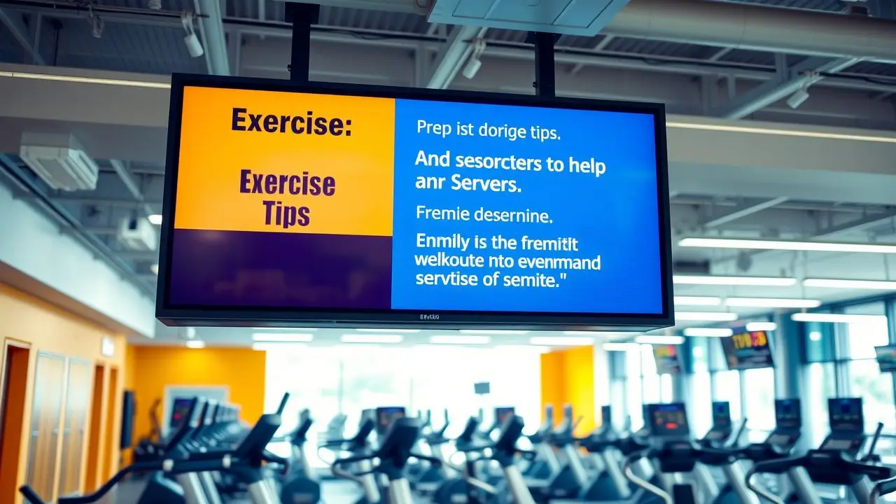 A gym with digital sign displaying exercise tips and motivational quotes. A gym with digital sign displaying exercise tips and motivational quotes.
