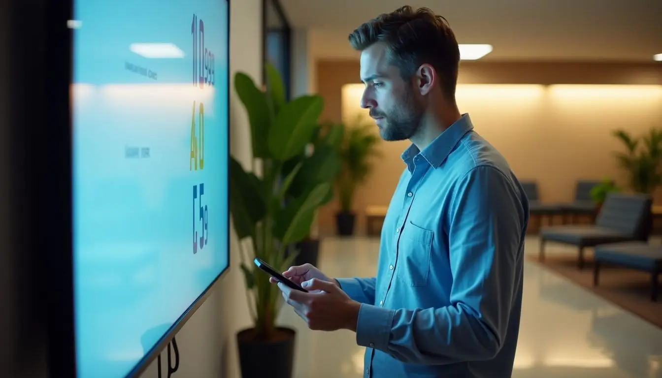 An office manager sets up digital signage in a modern lobby. An office manager sets up digital signage in a modern lobby.
